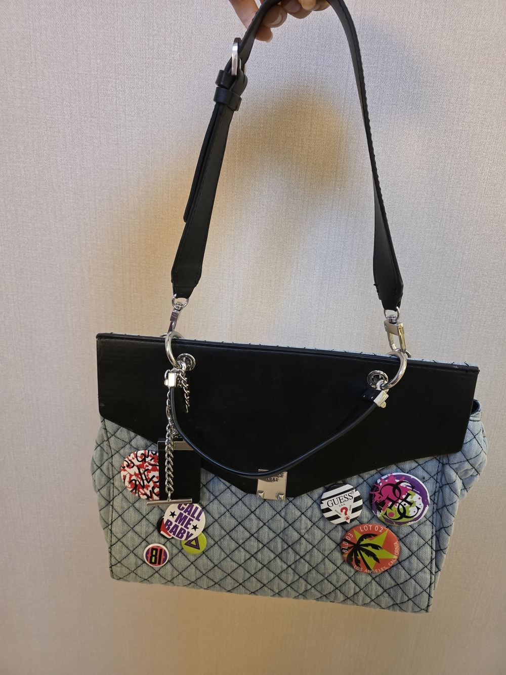 Guess- 1981 Black & Light Gray Quilted Shoulder Bag with Badge Accents